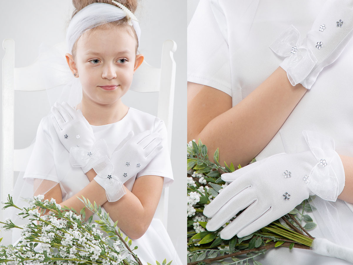 Rękawiczki z kokardą i kwiatkami z cyrkonii NR30